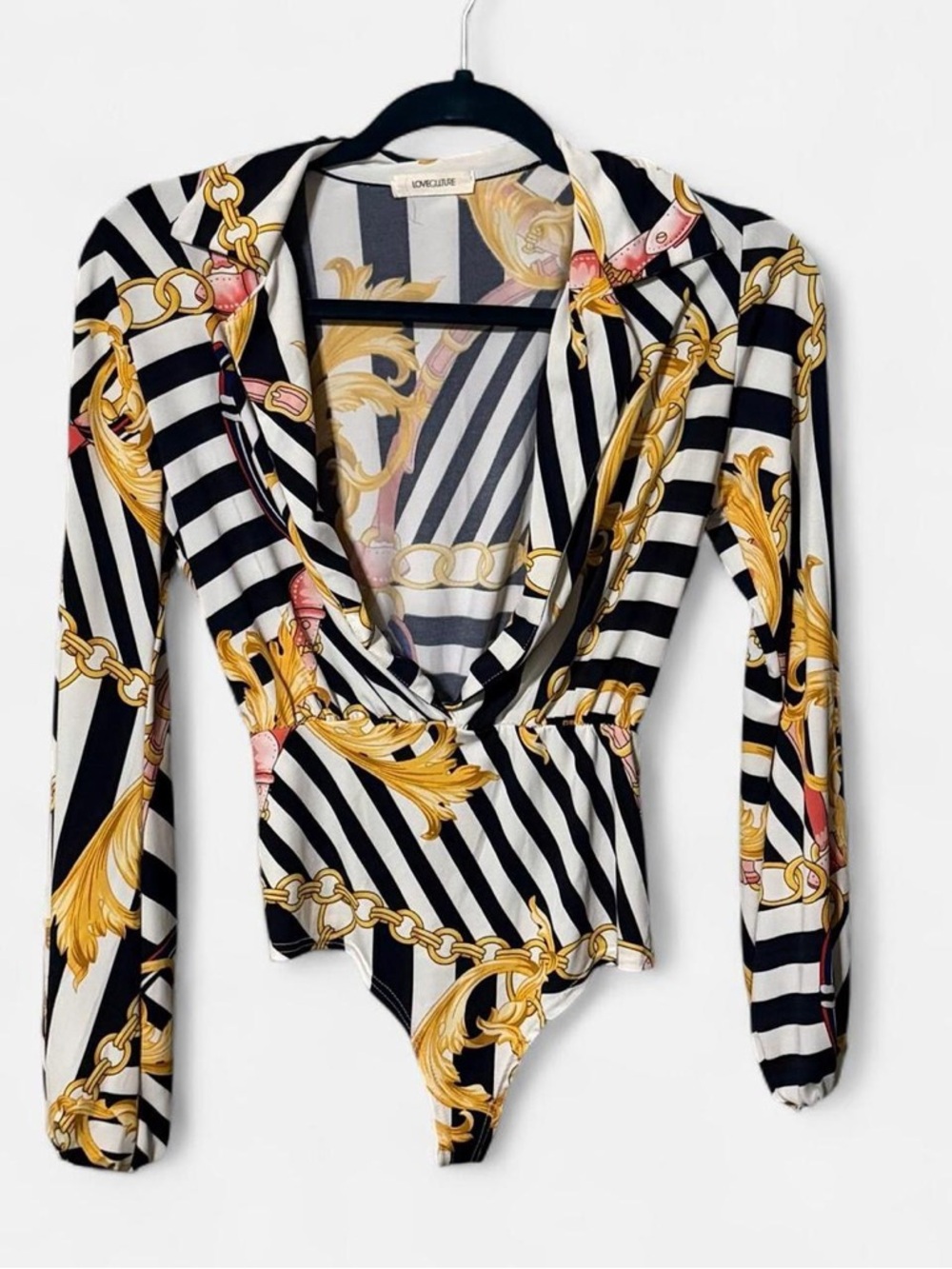 Love Culture Low-Cut Striped Chain-Print Bodysuit Top - Black/White/Gold